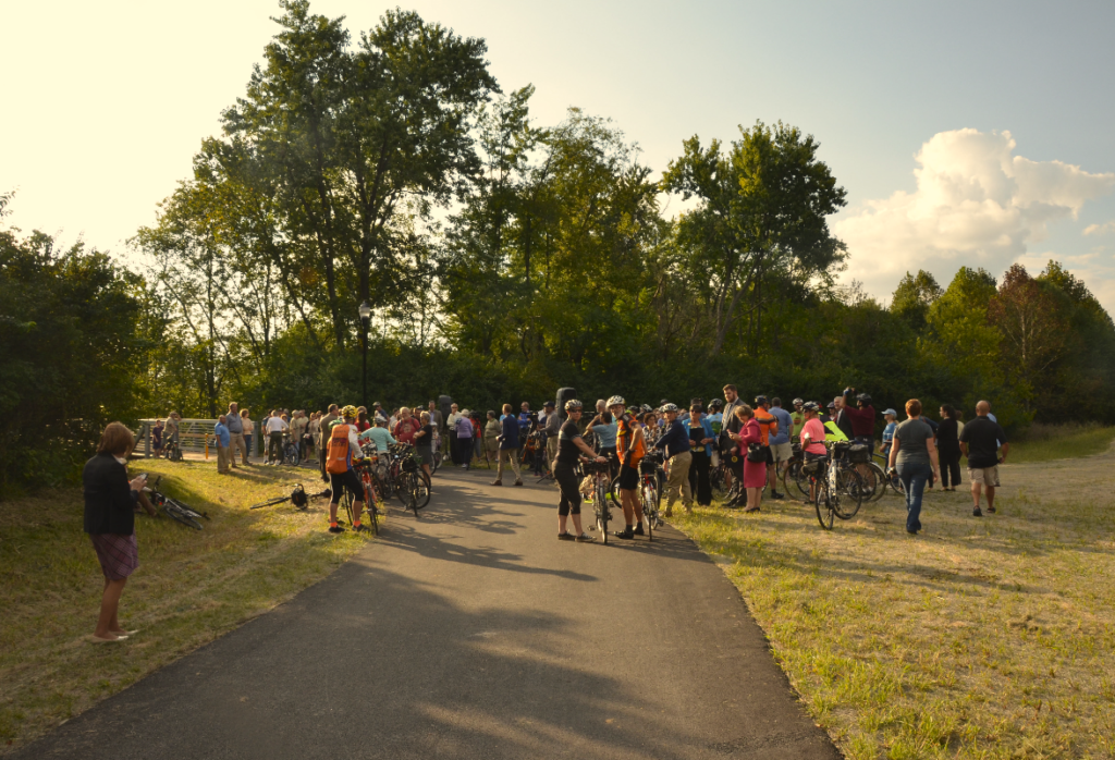 Scores of cyclists gather in anticipation of the Grand Opening of the Shared-Use Pathway.